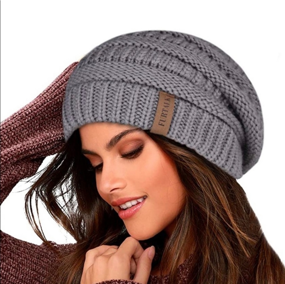 FURTALK ROSE BLUSH AND GRAY AND BLACK SOFT LINED beanie